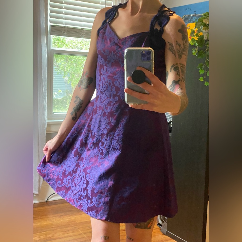 gunne sax dress 90s Vtg JMC Purple Floral Jacquard Swing Mini pair:yara-triple-strap-heel-black Size:us:8 A-line Dresses - COS